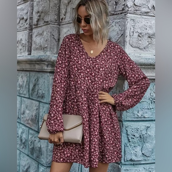 💜 Maroon Floral Sundress with Bishop Sleeves - Picture 1 of 3